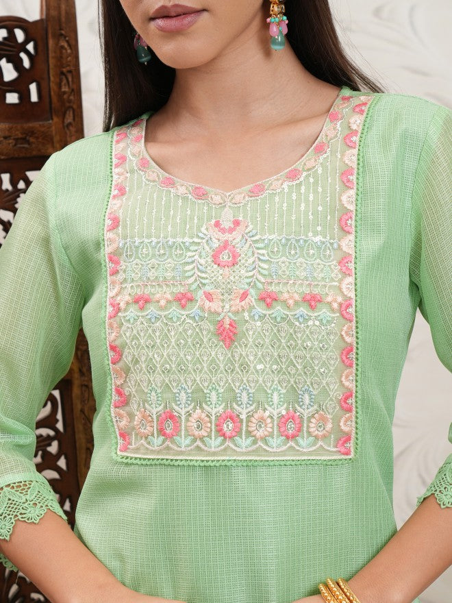 Vishudh Women Green Embroidered Kurta With Trousers - Green - Image 5