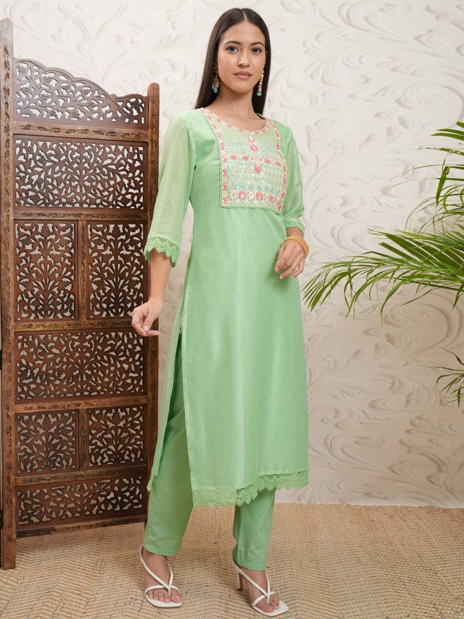 Vishudh Women Green Embroidered Kurta With Trousers - Green - Image 6