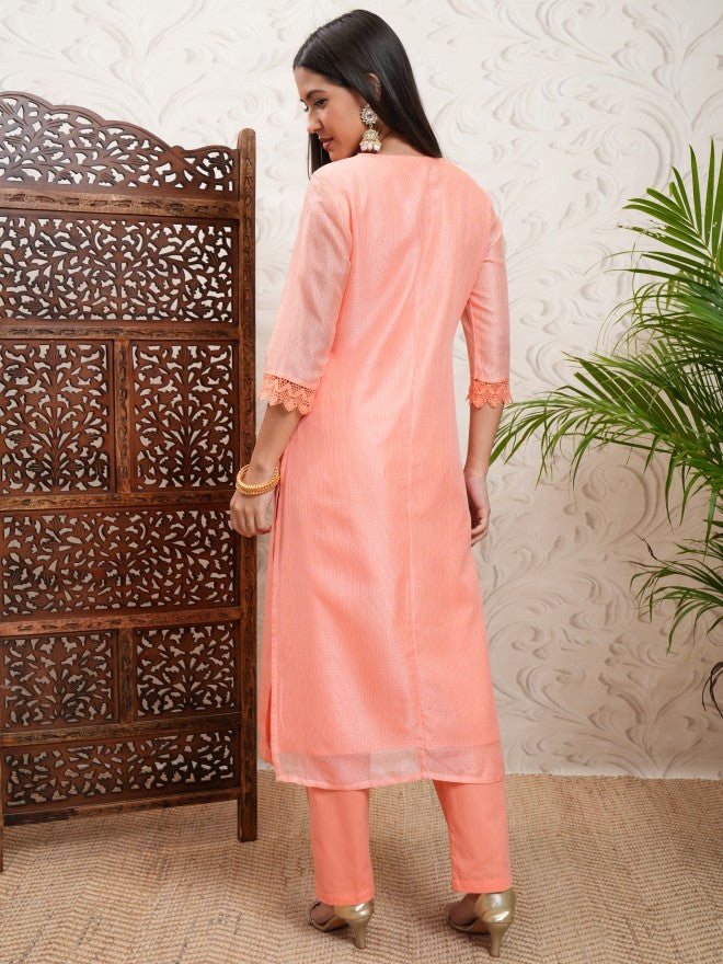 Vishudh Women Coral Embroidered Kurta With Trousers - Coral - Image 3