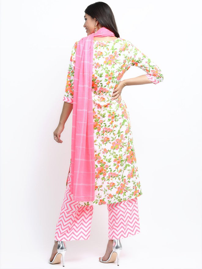 Vishudh Women Off White Printed Kurta With Palazzo And Dupatta - Off White - Image 9