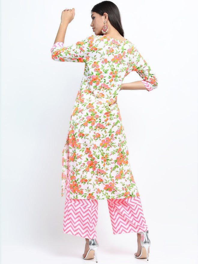 Vishudh Women Off White Printed Kurta With Palazzo And Dupatta - Off White - Image 2
