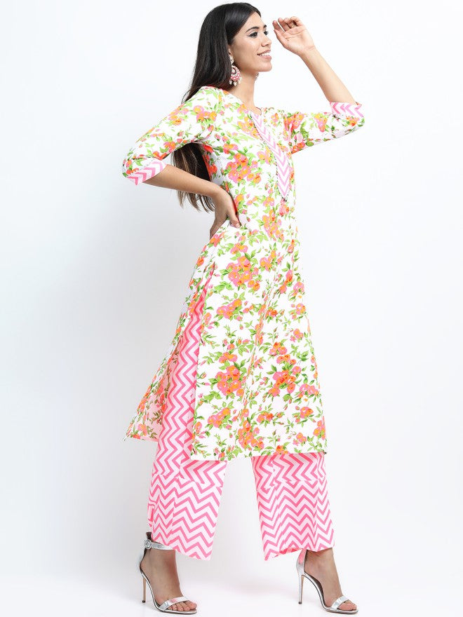 Vishudh Women Off White Printed Kurta With Palazzo And Dupatta - Off White - Image 4