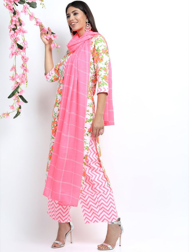Vishudh Women Off White Printed Kurta With Palazzo And Dupatta - Off White - Image 7