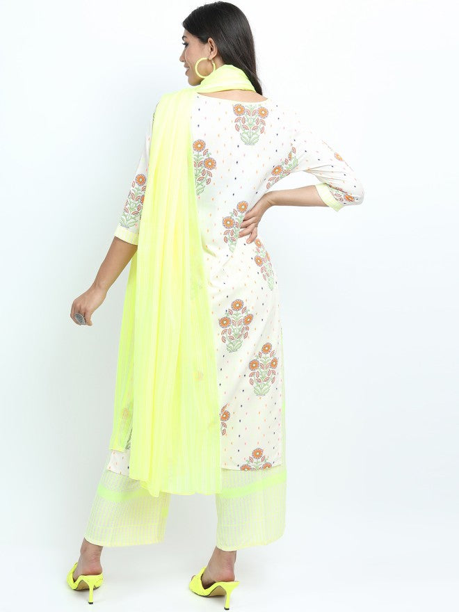 Vishudh Women Off White Printed Kurta With Palazzo And Dupatta - Off White - Image 2