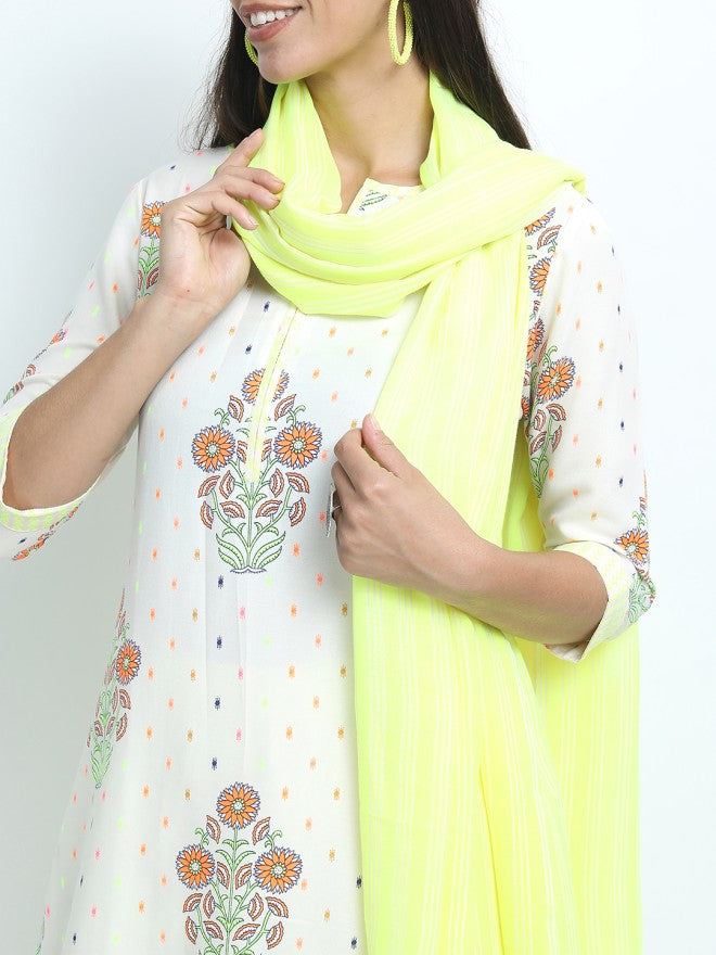 Vishudh Women Off White Printed Kurta With Palazzo And Dupatta - Off White - Image 3