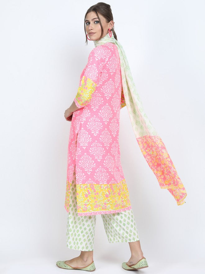 Vishudh Women Pink Printed Kurta With Palazzo And Dupatta - Pink - Image 2