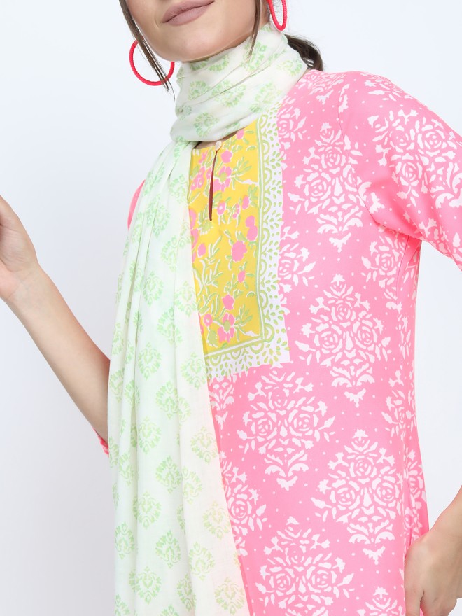 Vishudh Women Pink Printed Kurta With Palazzo And Dupatta - Pink - Image 3