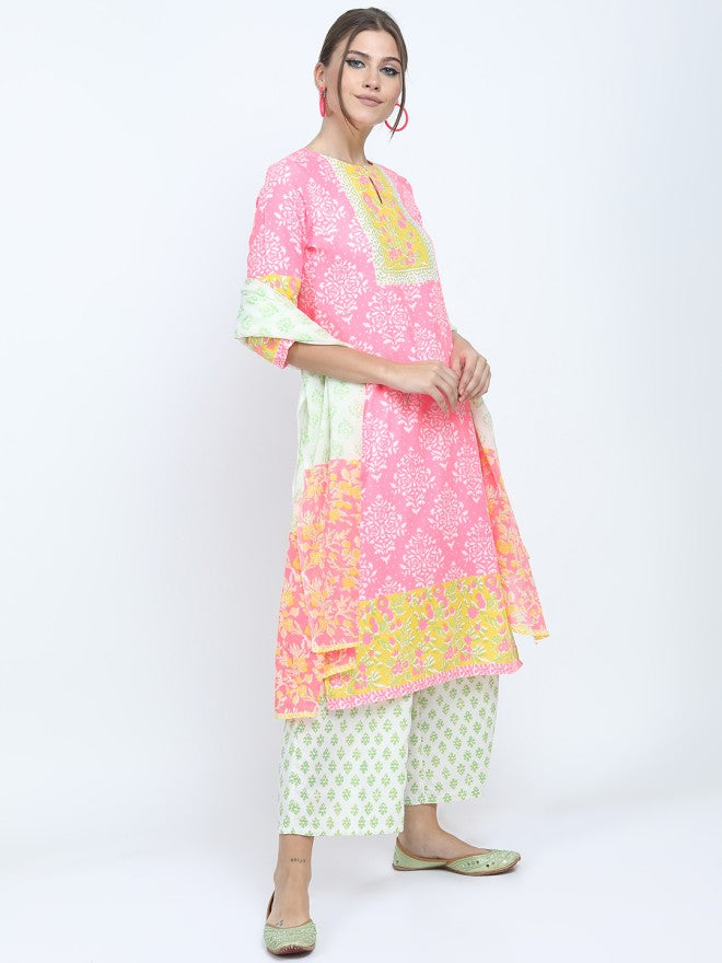 Vishudh Women Pink Printed Kurta With Palazzo And Dupatta - Pink - Image 4