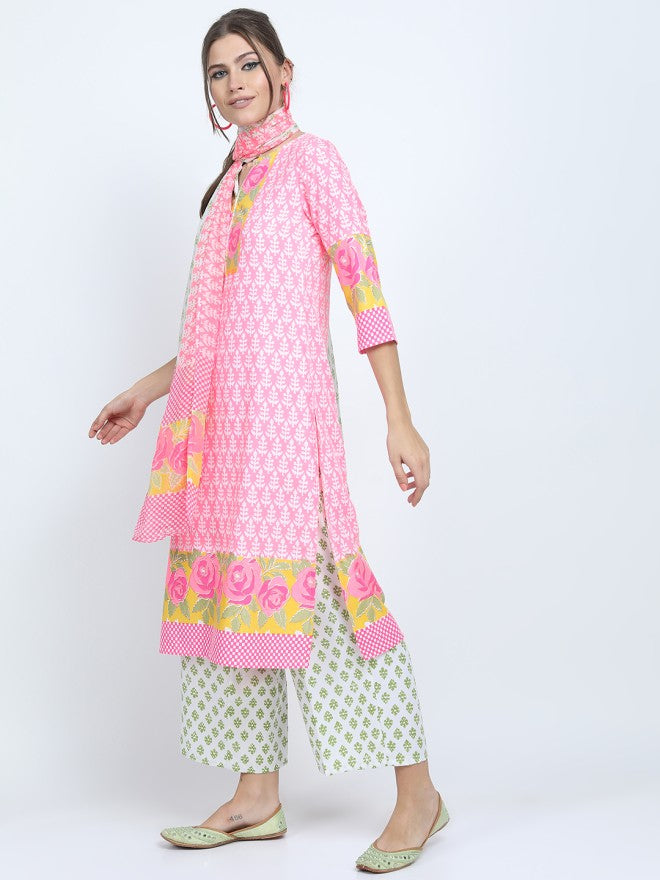Vishudh Women Pink Printed Kurta With Palazzos With Dupatta - Pink - Image 1
