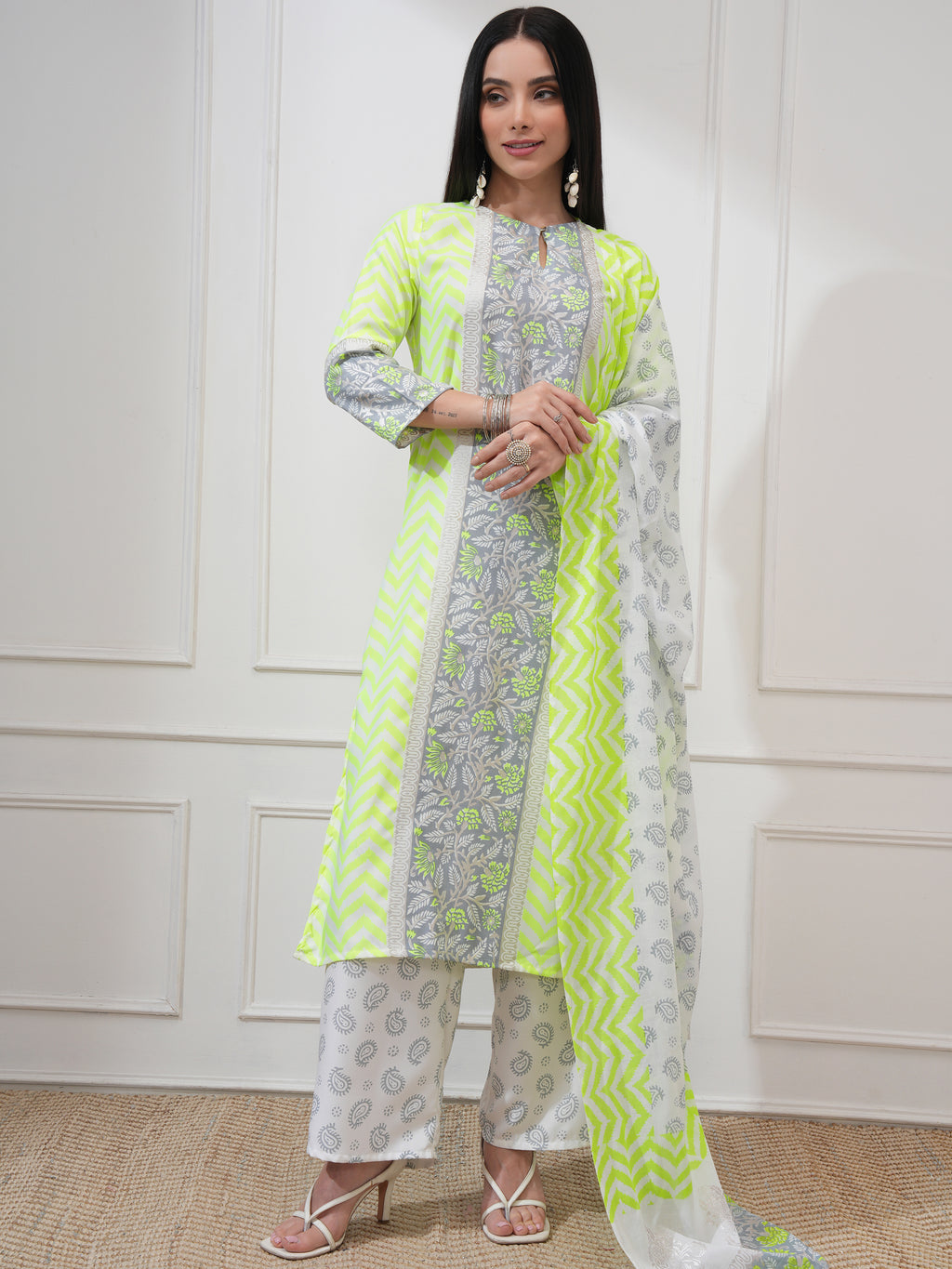 Vishudh Women Yellow Printed Kurta With Palazzo And Dupatta - Yellow - Image 2