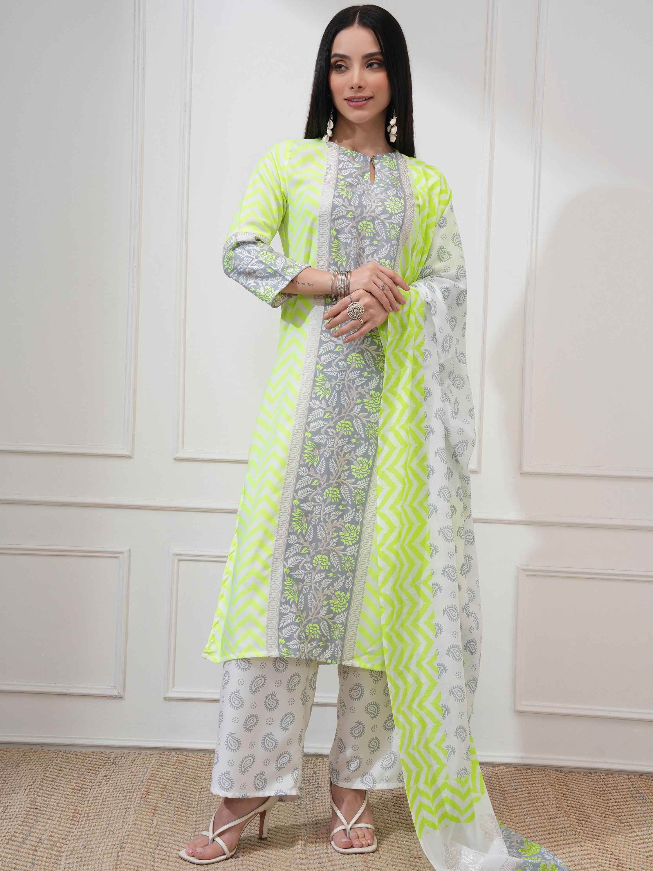 Vishudh Women Yellow Printed Kurta With Palazzo And Dupatta - Yellow - Image 2