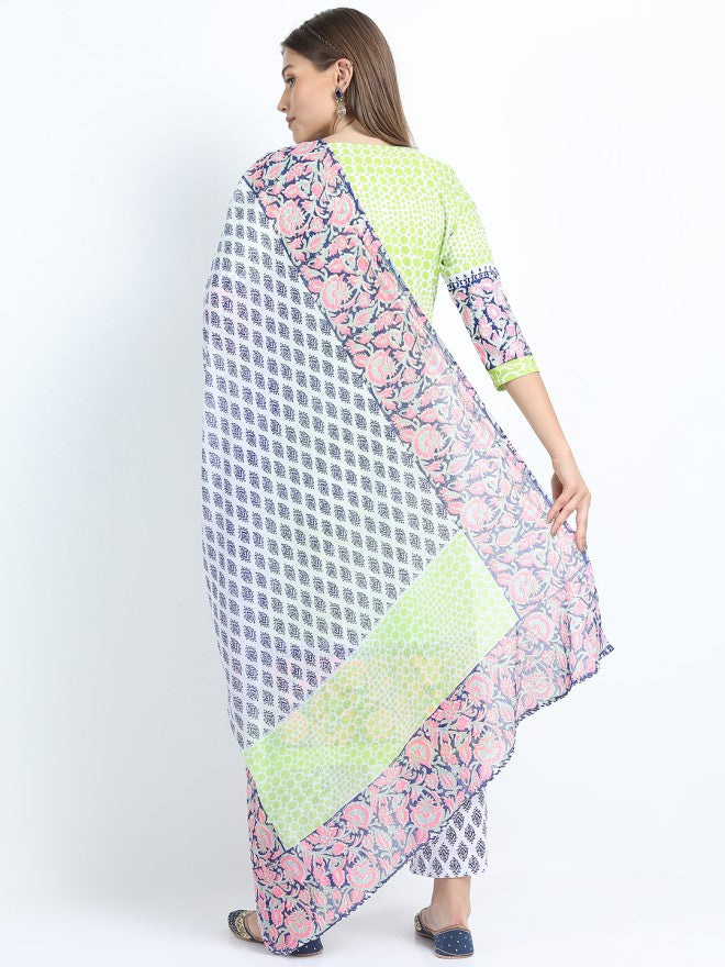 Vishudh Women Green Printed Kurta With Palazzo And Dupatta - Green - Image 2