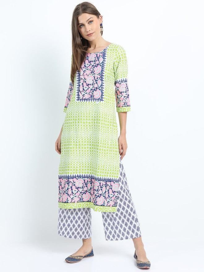Vishudh Women Green Printed Kurta With Palazzo And Dupatta - Green - Image 3