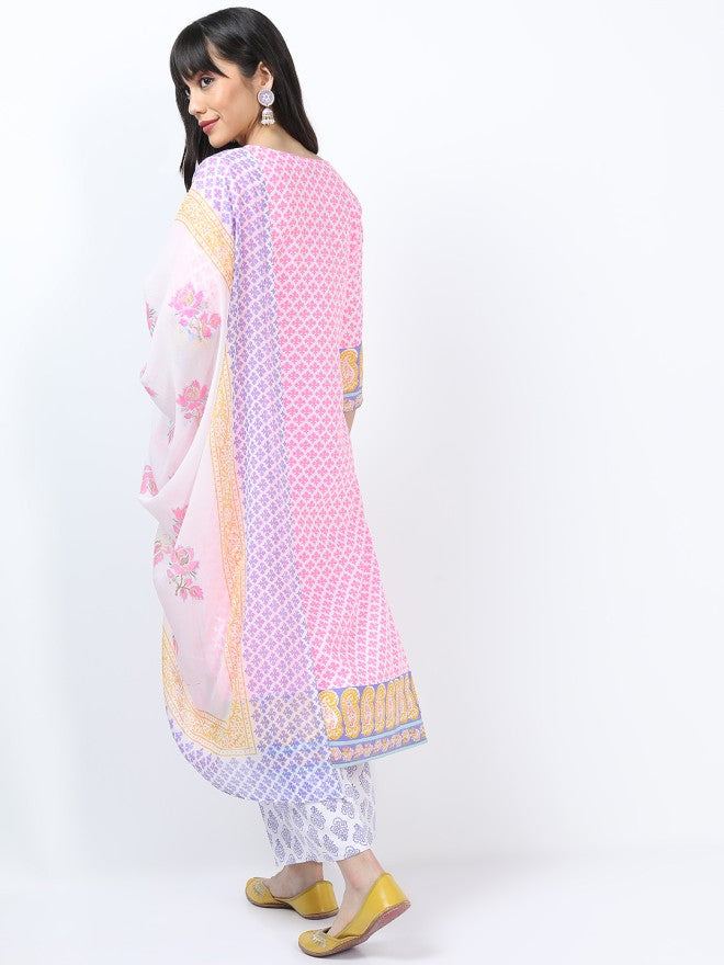 Vishudh Women Pink Printed Kurta With Palazzo And Dupatta - Pink - Image 2