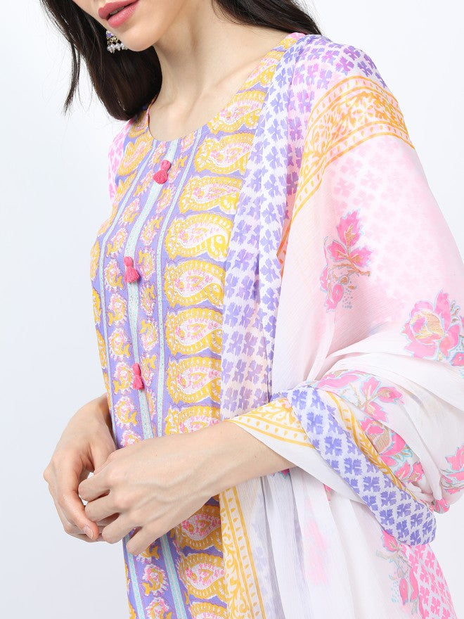 Vishudh Women Pink Printed Kurta With Palazzo And Dupatta - Pink - Image 3