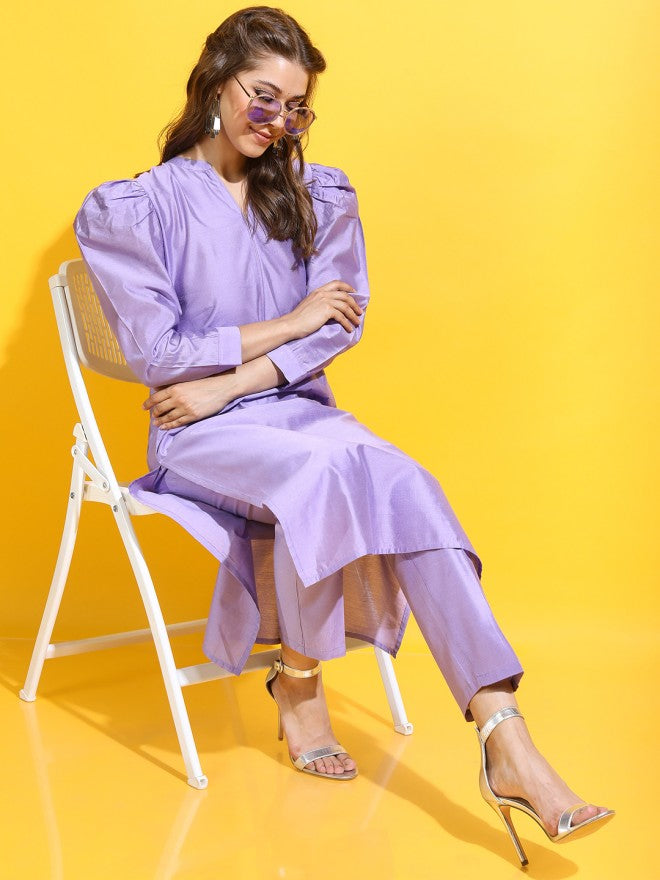 Vishudh Women Mauve Solid Kurta With Palazzo - Mauve - Image 2