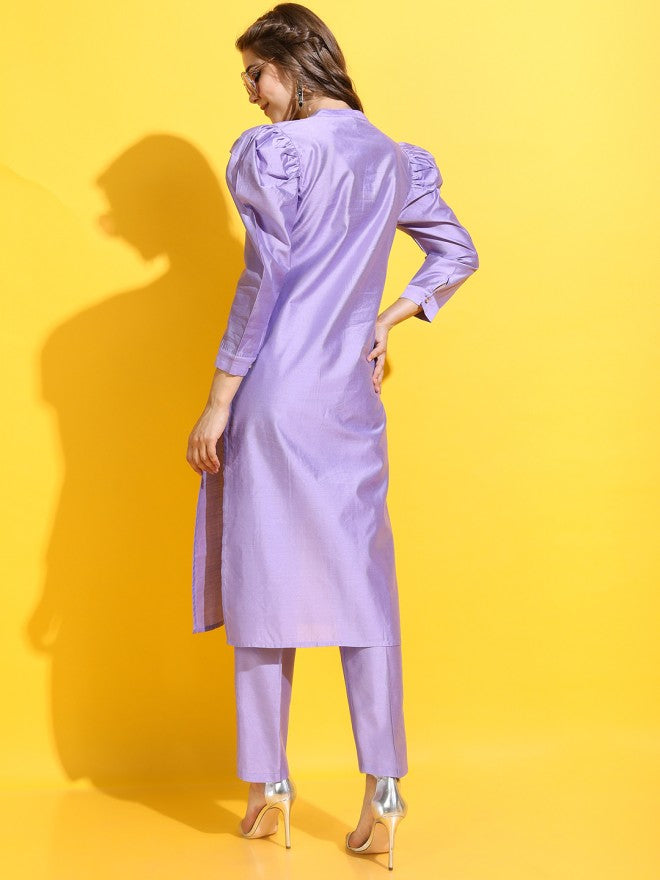 Vishudh Women Mauve Solid Kurta With Palazzo - Mauve - Image 3