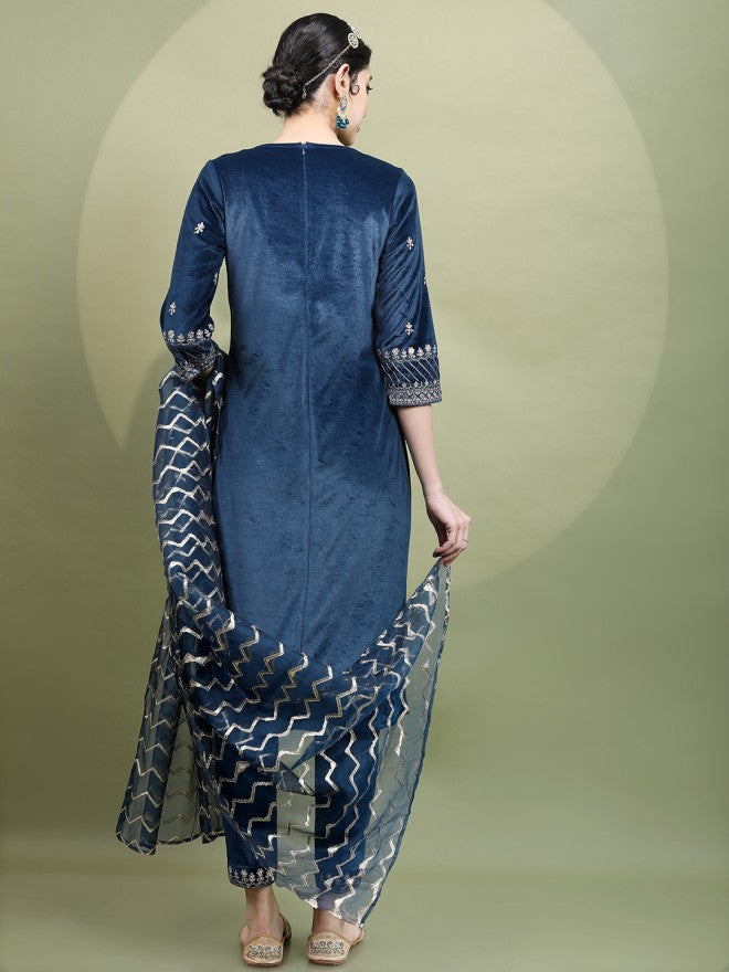 Vishudh Women Teal Embroidered Kurta With Trousers With Dupatta - Teal - Image 2