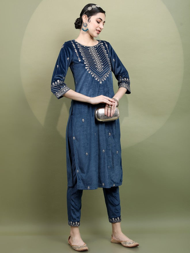 Vishudh Women Teal Embroidered Kurta With Trousers With Dupatta - Teal - Image 5