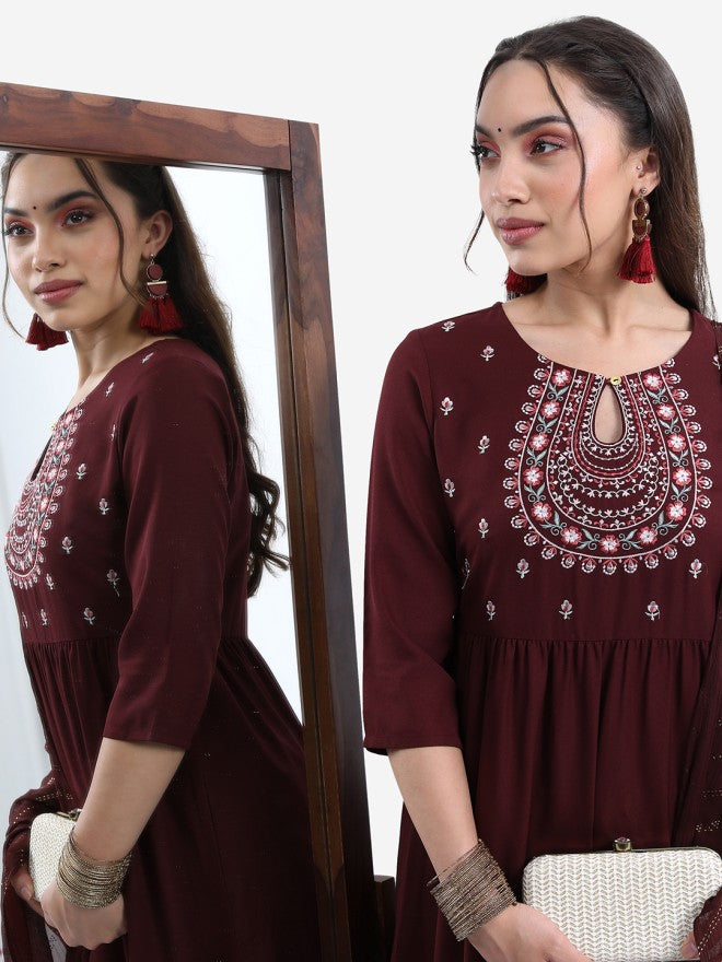 Vishudh Women Burgundy Embroidered Kurta With Palazzo And Dupatta - Burgundy - Image 1