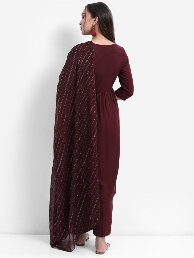 Vishudh Women Burgundy Embroidered Kurta With Palazzo And Dupatta - Burgundy - Image 2