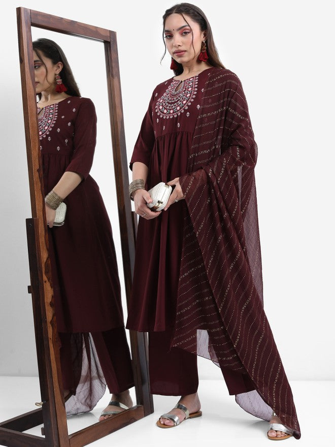 Vishudh Women Burgundy Embroidered Kurta With Palazzo And Dupatta - Burgundy - Image 3