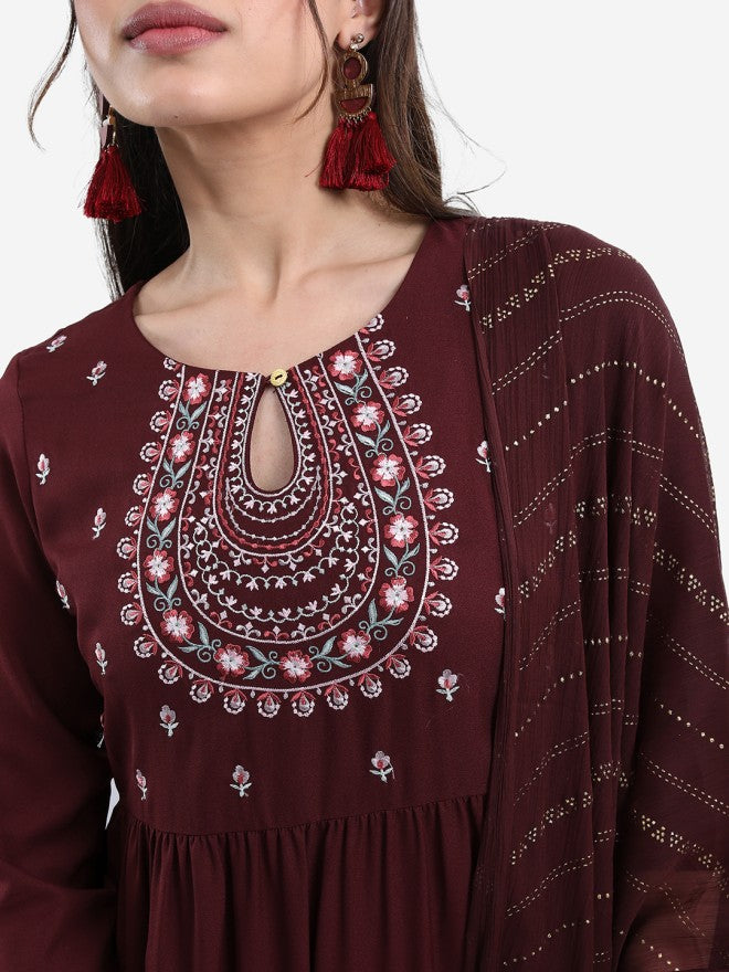 Vishudh Women Burgundy Embroidered Kurta With Palazzo And Dupatta - Burgundy - Image 4