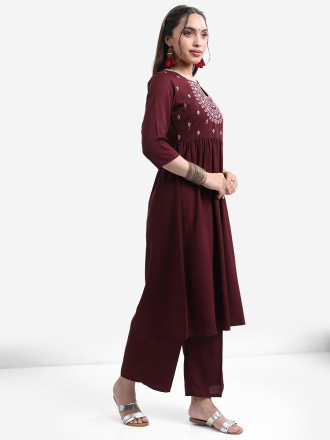 Vishudh Women Burgundy Embroidered Kurta With Palazzo And Dupatta - Burgundy - Image 5