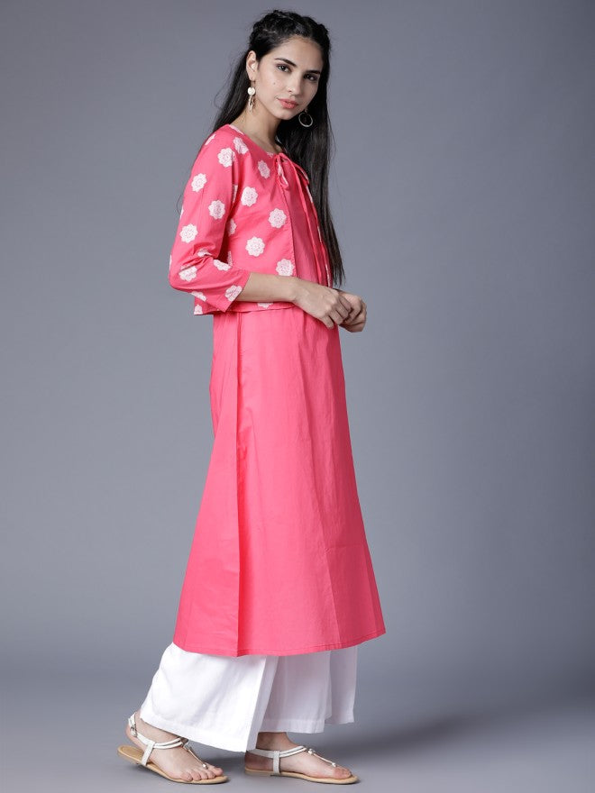 Vishudh Women Pink Checked Kurta With Trouser - Pink - Image 4