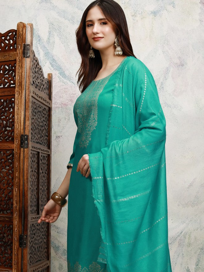 Vishudh Women Teal Printed Kurta With Trouser And Dupatta - Teal - Image 1