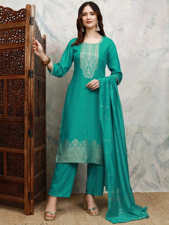 Vishudh Women Teal Printed Kurta With Trouser And Dupatta - Teal - Image 2