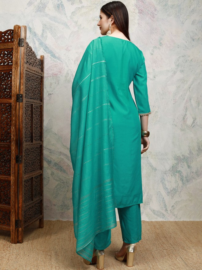 Vishudh Women Teal Printed Kurta With Trouser And Dupatta - Teal - Image 3