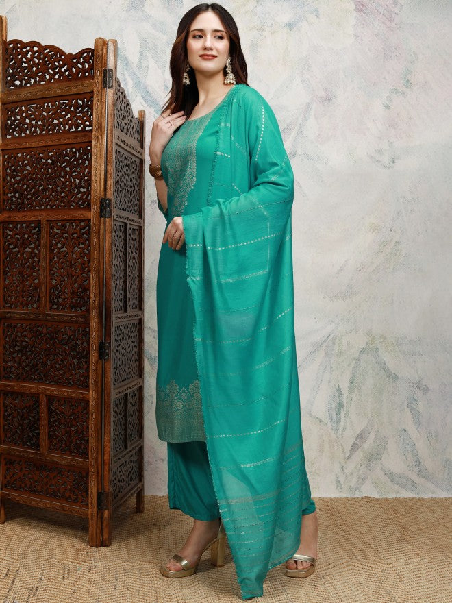 Vishudh Women Teal Printed Kurta With Trouser And Dupatta - Teal - Image 4