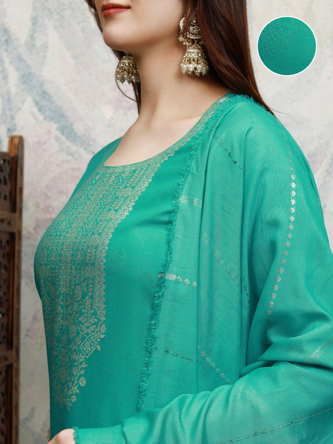 Vishudh Women Teal Printed Kurta With Trouser And Dupatta - Teal - Image 5