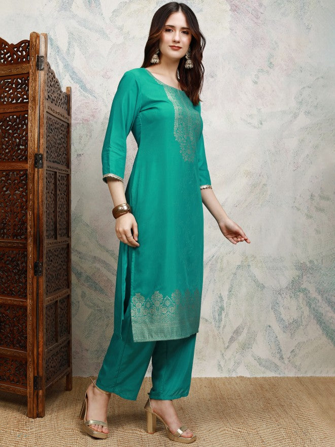 Vishudh Women Teal Printed Kurta With Trouser And Dupatta - Teal - Image 6