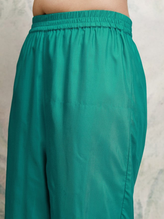 Vishudh Women Teal Printed Kurta With Trouser And Dupatta - Teal - Image 7