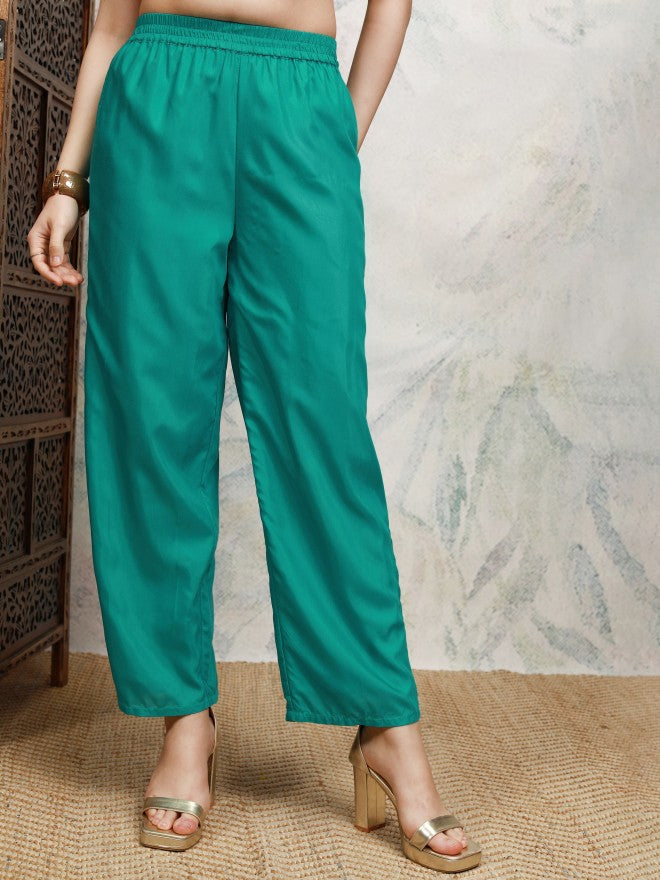 Vishudh Women Teal Printed Kurta With Trouser And Dupatta - Teal - Image 8