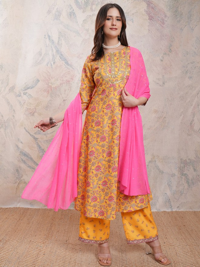 Vishudh Women Mustard Printed Kurta With Palazzos And Dupatta - Mustard - Image 2
