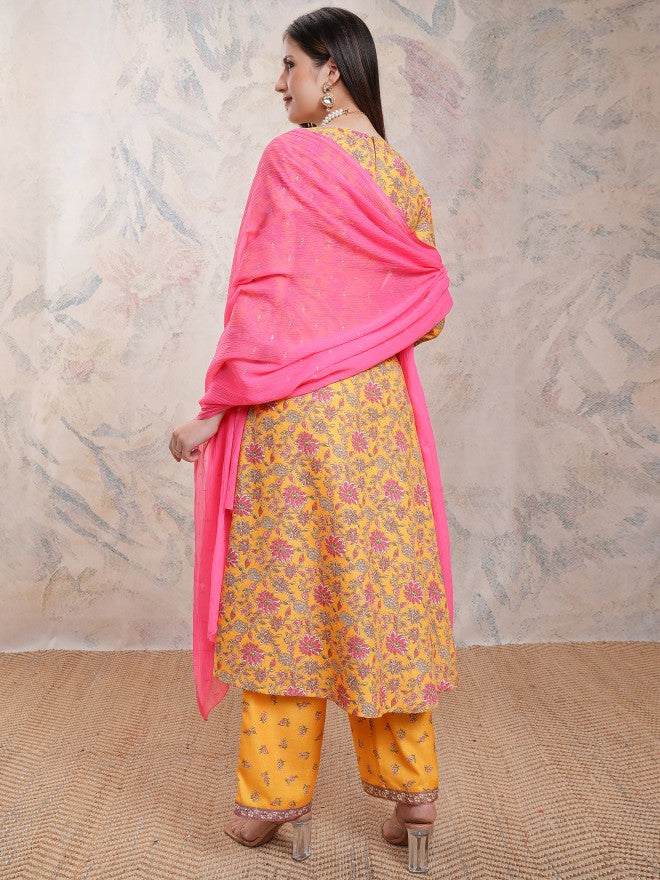 Vishudh Women Mustard Printed Kurta With Palazzos And Dupatta - Mustard - Image 3