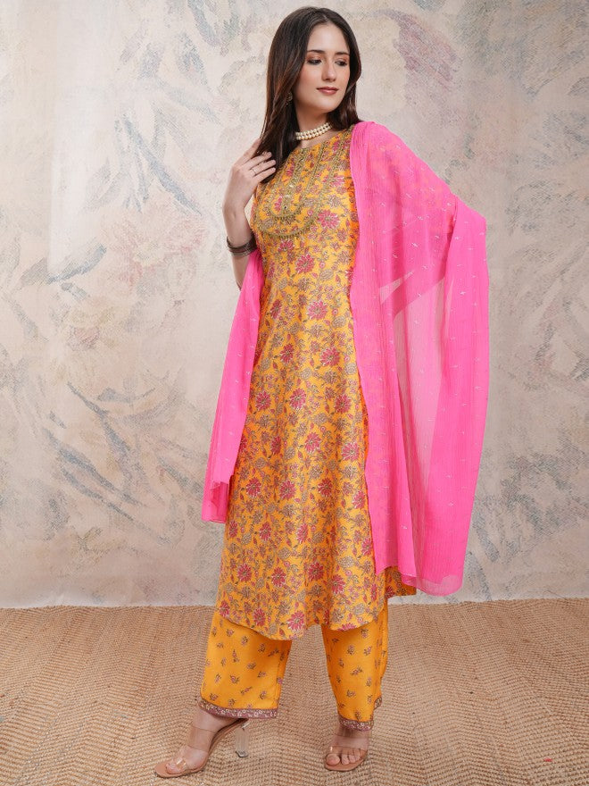 Vishudh Women Mustard Printed Kurta With Palazzos And Dupatta - Mustard - Image 4
