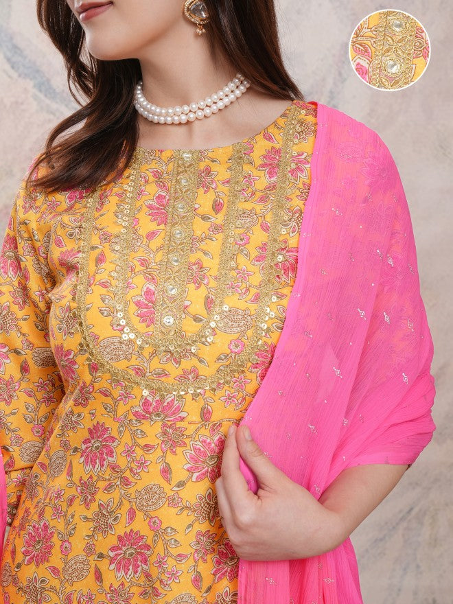 Vishudh Women Mustard Printed Kurta With Palazzos And Dupatta - Mustard - Image 5