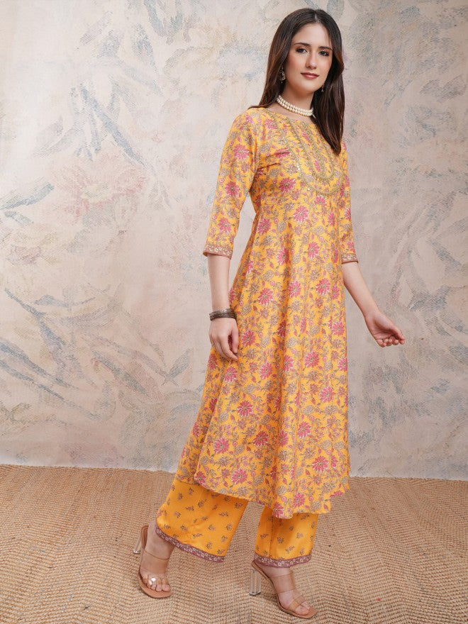 Vishudh Women Mustard Printed Kurta With Palazzos And Dupatta - Mustard - Image 6