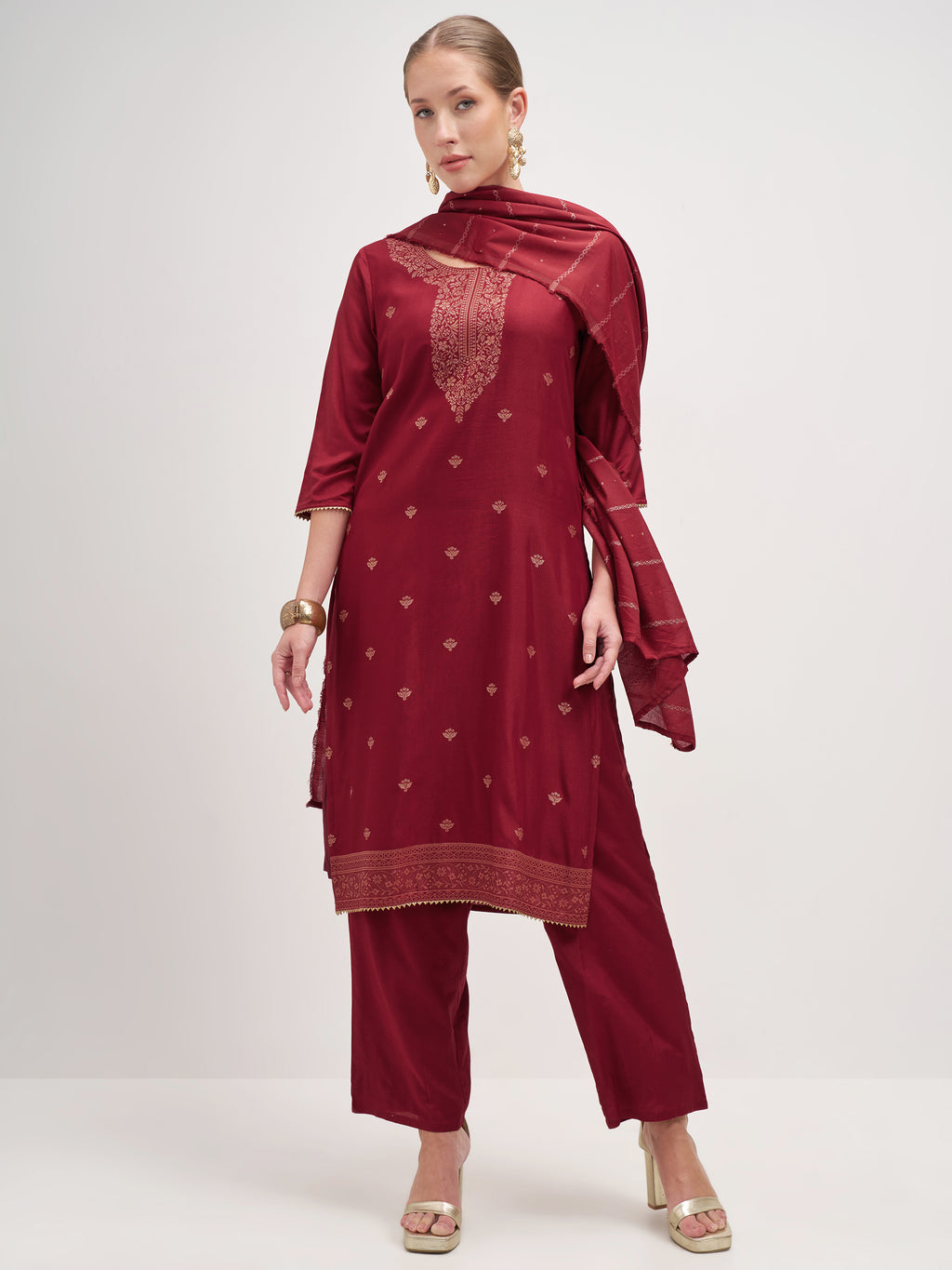 Vishudh Women Maroon Embroidered Kurta And Trouser With Dupatta - Maroon - Image 1