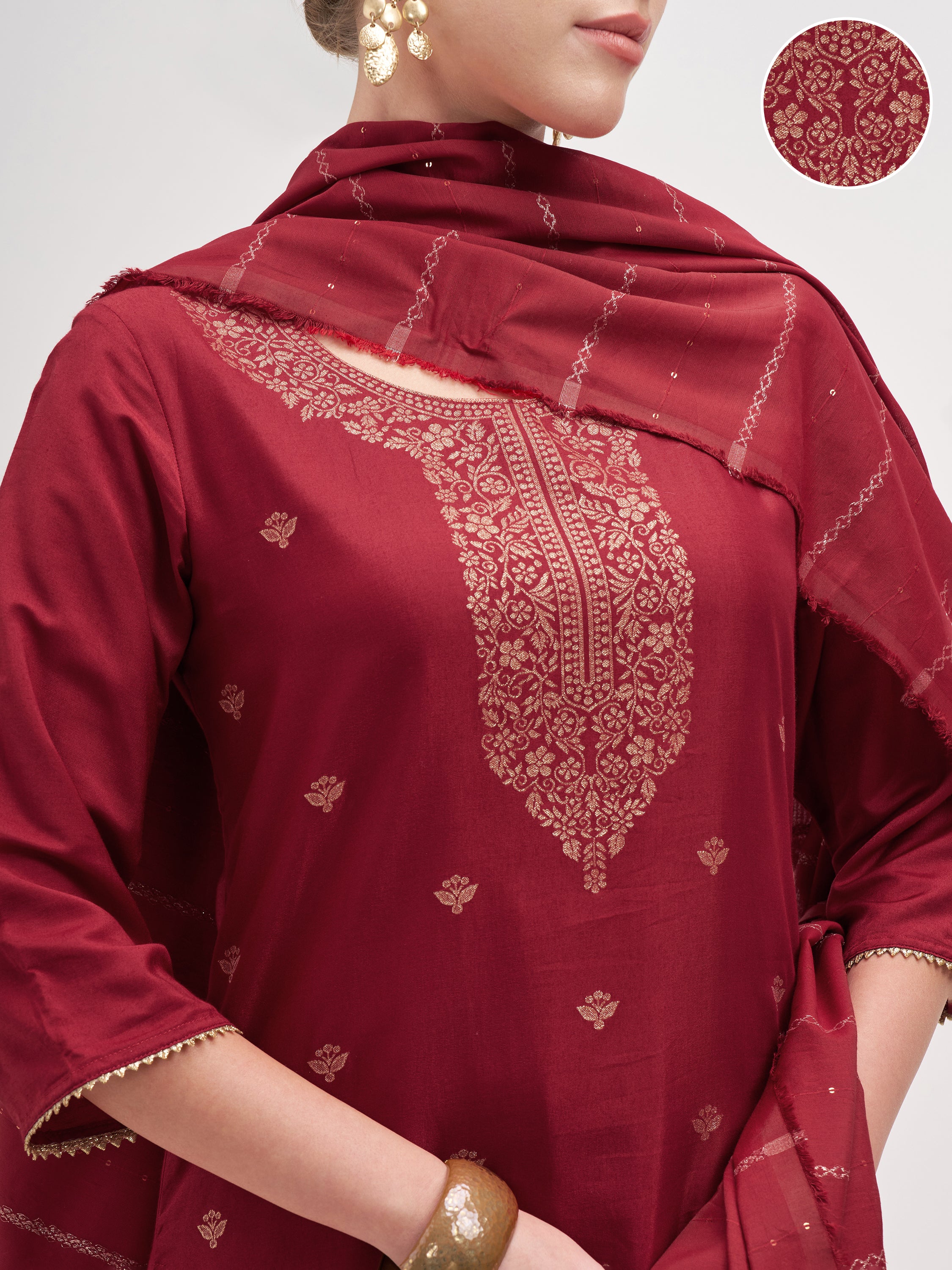 Vishudh Women Maroon Embroidered Kurta And Trouser With Dupatta - Maroon - Image 5