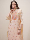 Vishudh Women Peach Embroidered Kurta With Trouser And Dupatta - Peach - Image 1