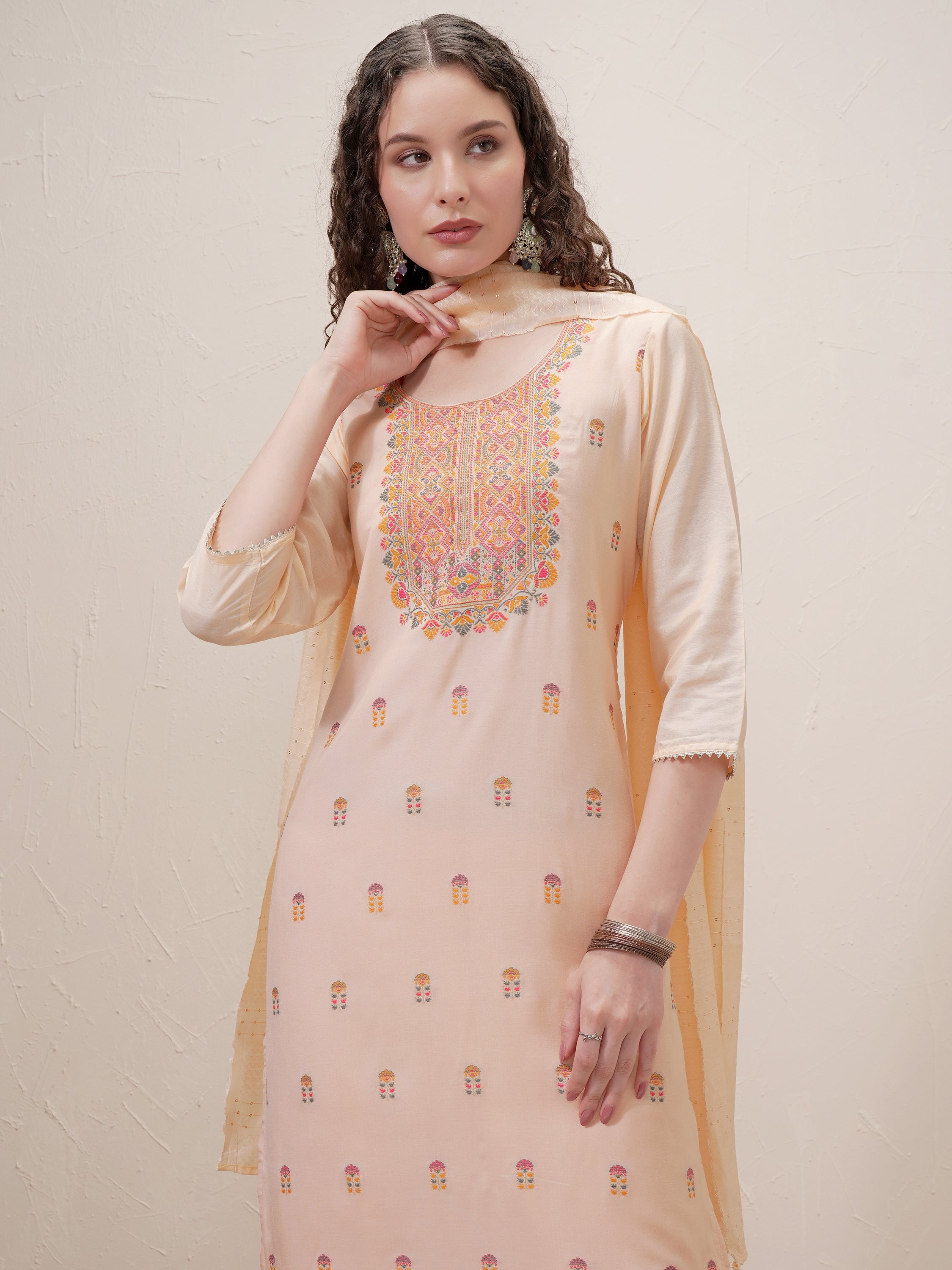 Vishudh Women Peach Embroidered Kurta With Trouser And Dupatta - Peach - Image 1