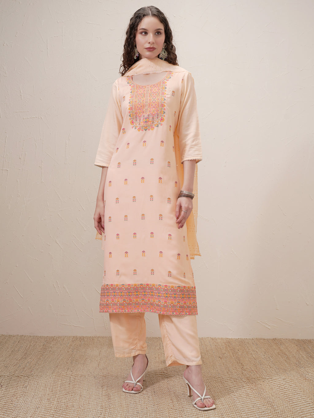 Vishudh Women Peach Embroidered Kurta With Trouser And Dupatta - Peach - Image 2