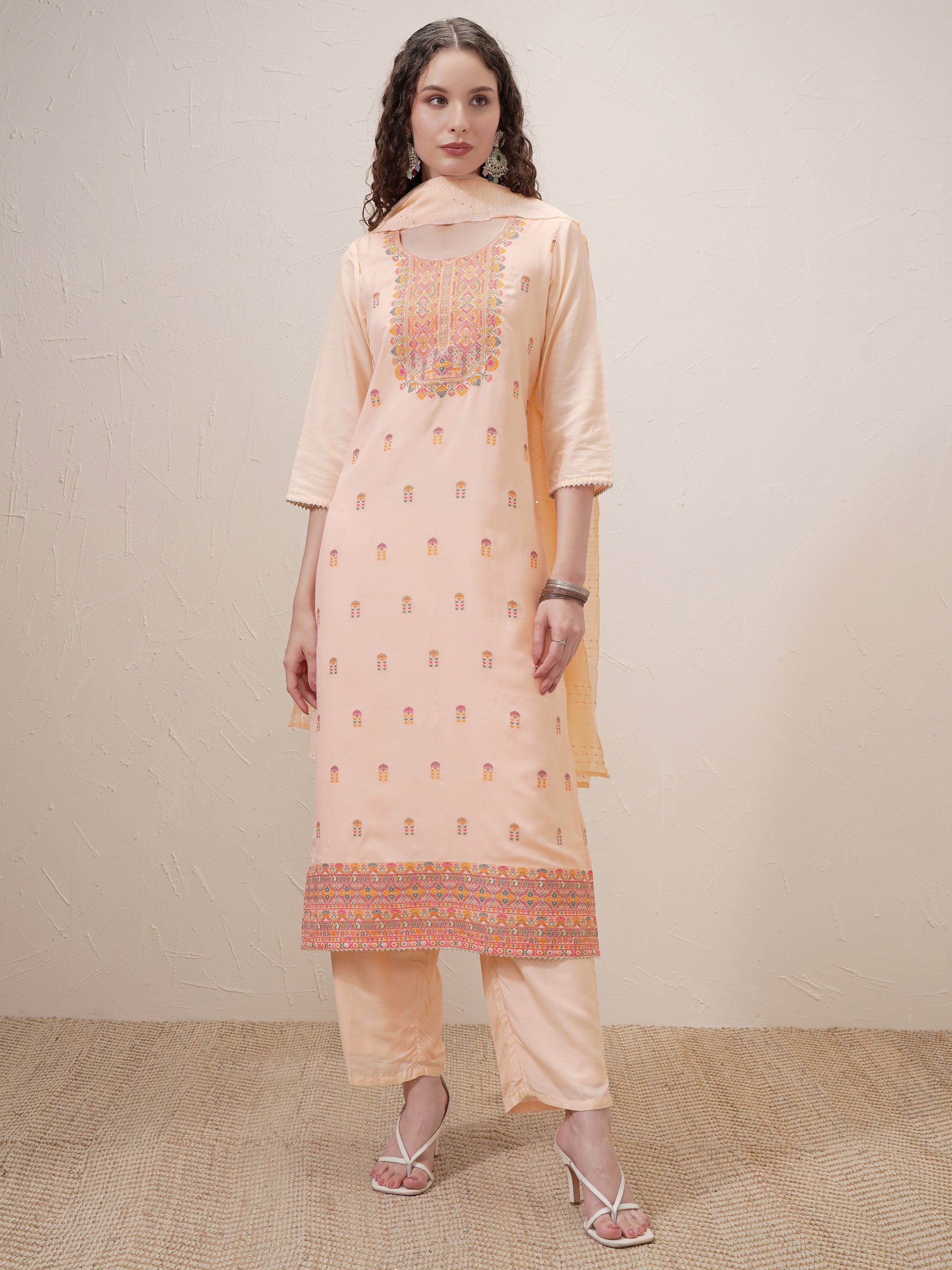 Vishudh Women Peach Embroidered Kurta With Trouser And Dupatta - Peach - Image 2