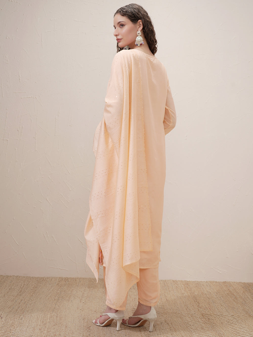 Vishudh Women Peach Embroidered Kurta With Trouser And Dupatta - Peach - Image 3