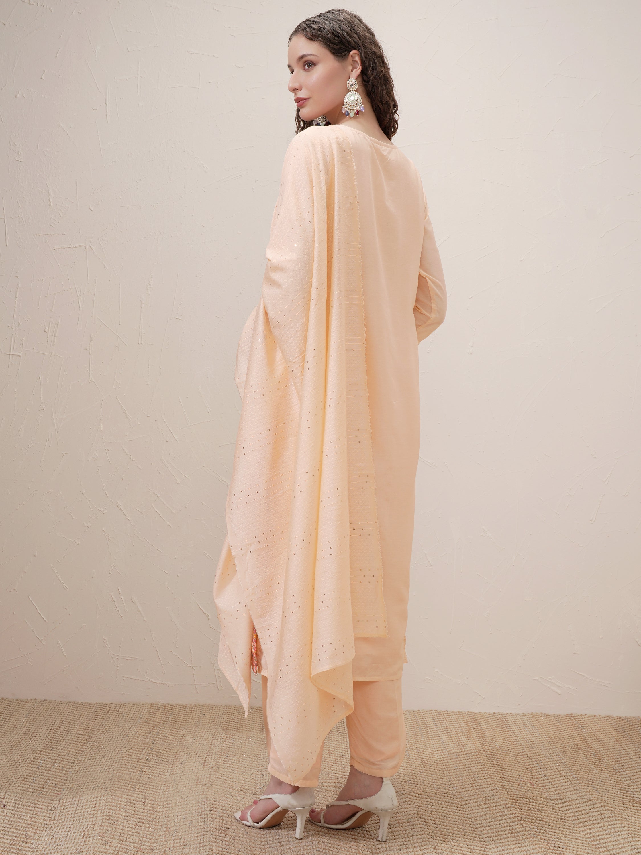Vishudh Women Peach Embroidered Kurta With Trouser And Dupatta - Peach - Image 3